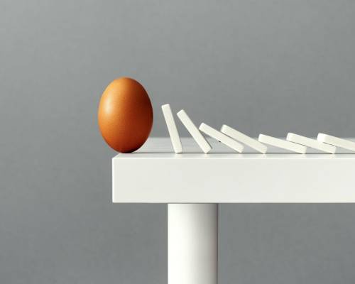 Egg balancing on the edge of a table, about to fall down and break due to domino tiles falling